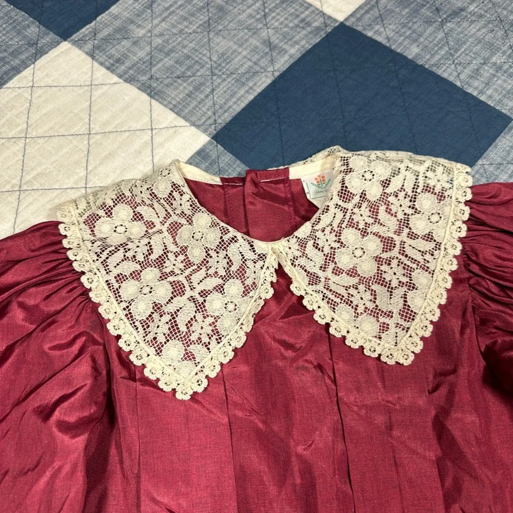 Vintage Peaches n Cream Burgundy Lace Collar Drop Waist Dress Kids Size 10 4702H